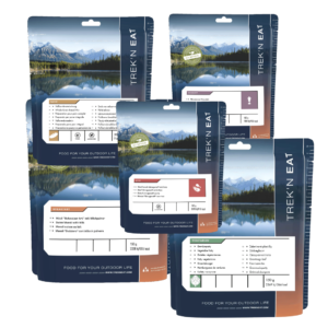 Pack de Refeições Liofilizadas Trek’n Eat Summit Gecko Pequeno-almoço liofilizado Trek’n Eat Muesli suíço com leite 150 g Trek’n Eat Stroganoff com arroz Trek’n Eat Hamburger Vegetariano Trek’n Eat Mousse de chocolate liofilizado